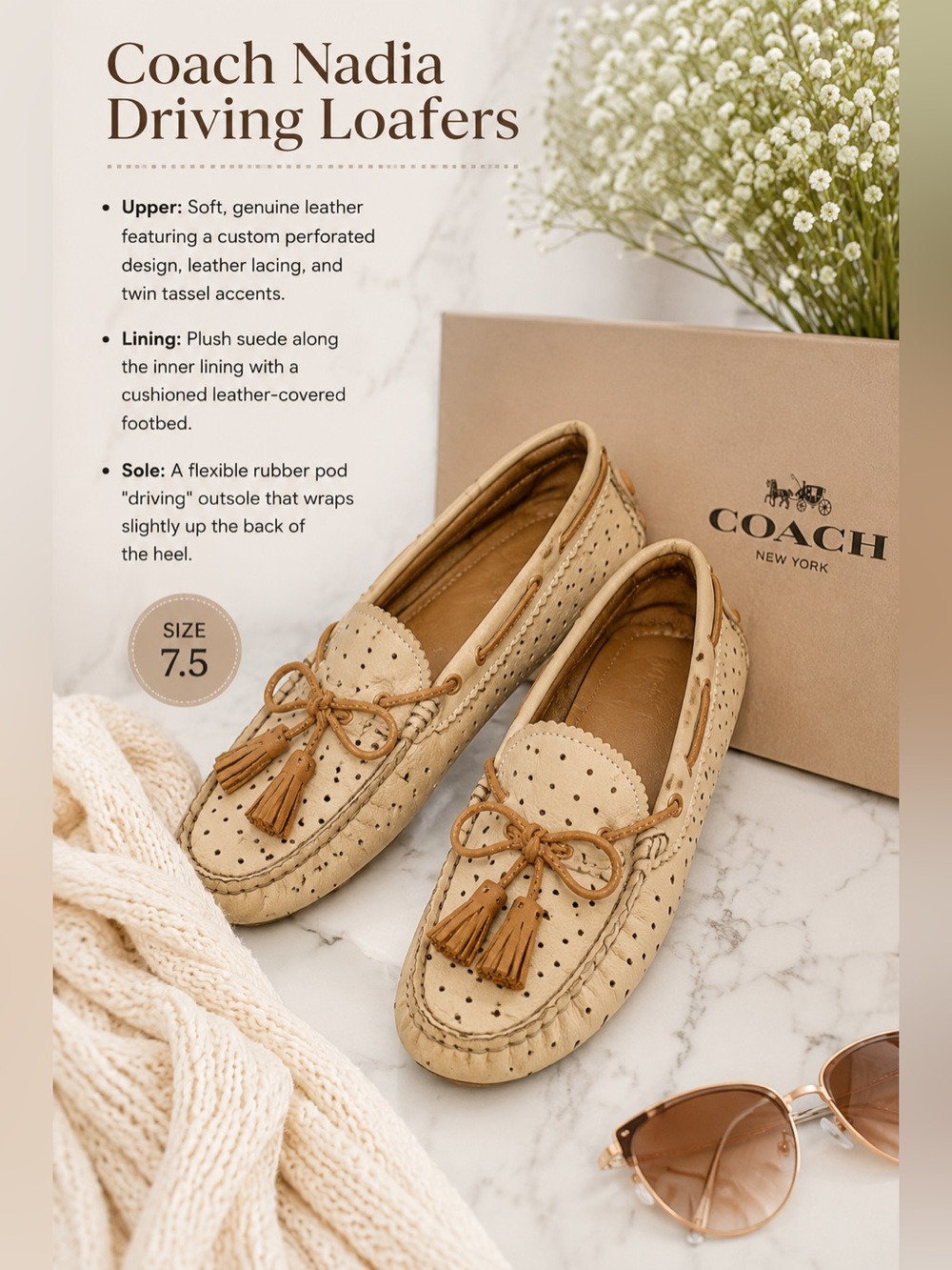 Coach Nadia Perforated Leather Driving Loafers in Beige Sz 7.5